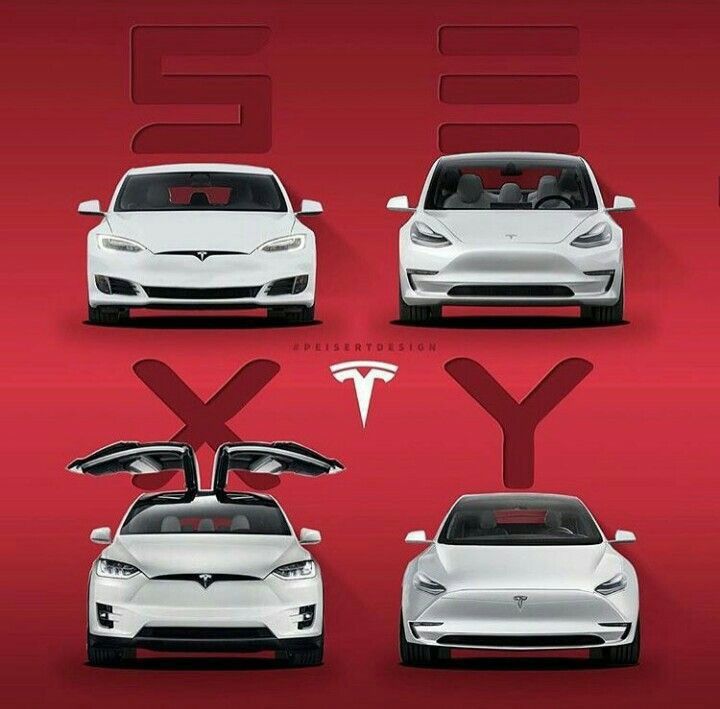 an advertisement for the new tesla electric vehicle, with four different models in white and red