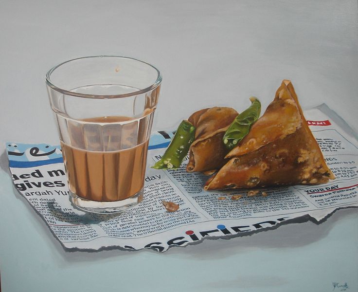 a painting of some food and a drink on a newspaper