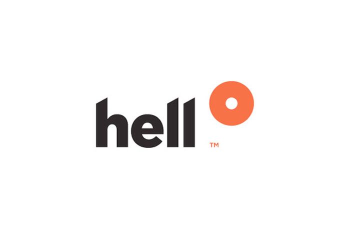 an orange and black logo with the word'hell'written in large letters on it