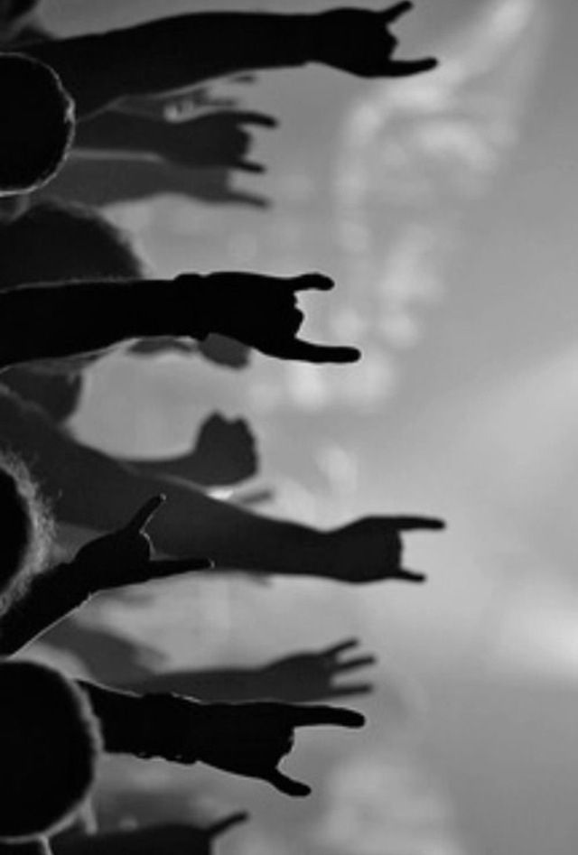 a group of people standing next to each other in front of a crowd with their hands up