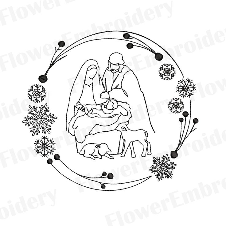 the birth of jesus and mary in a circle with snowflakes