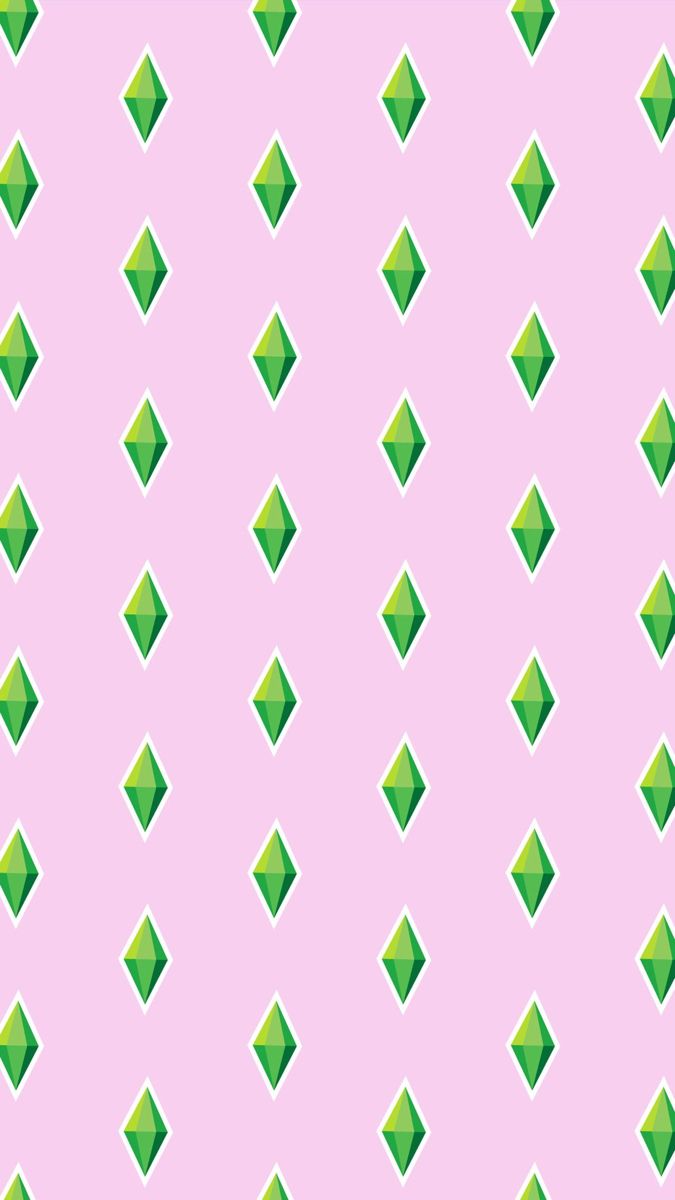 a pink background with green diamond shapes on the bottom right corner and one smaller triangle in the middle