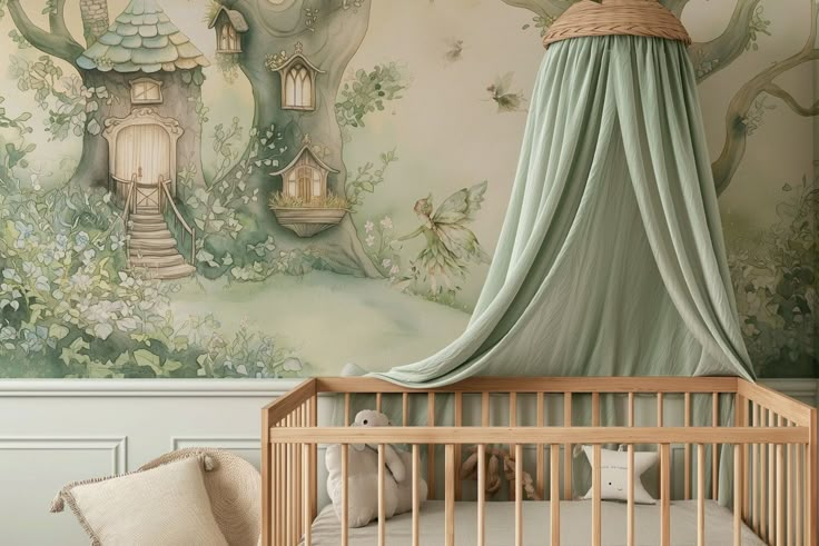 a baby's room with a wall mural and crib in the foreground