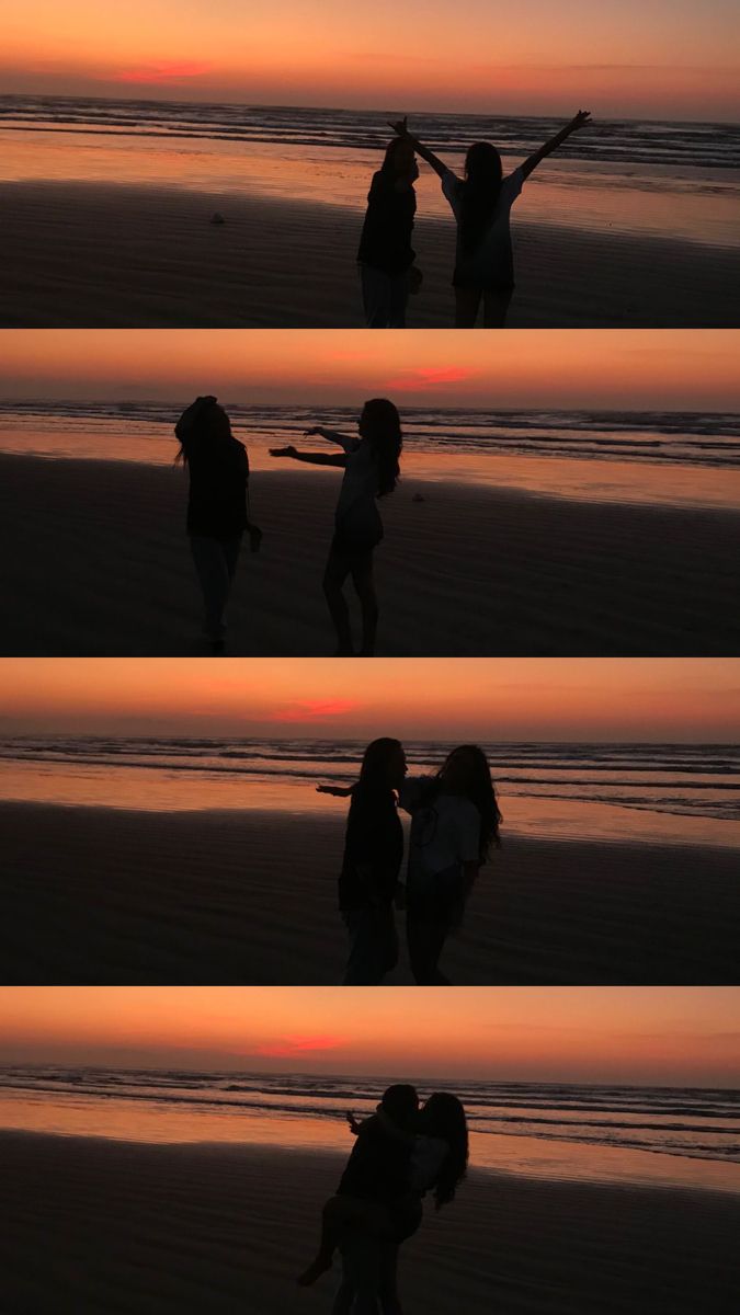 four images of people standing on the beach at sunset with their arms in the air