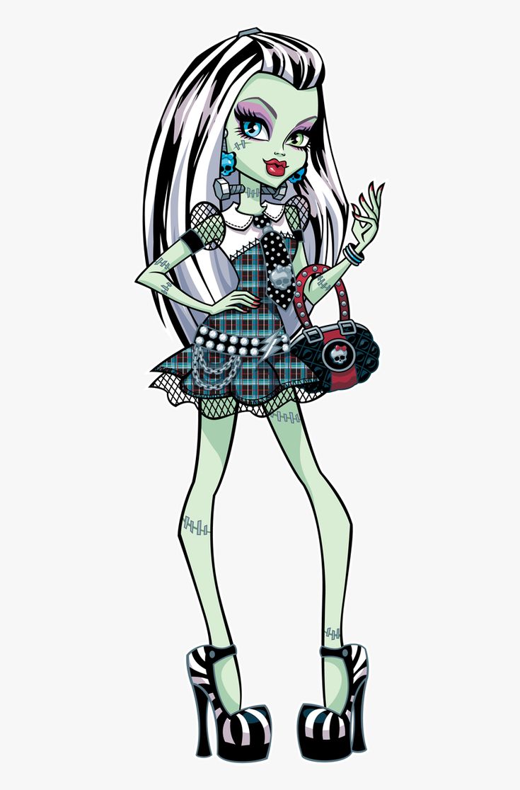 a drawing of a girl with long white hair and green eyes holding a handbag