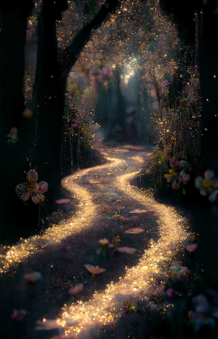 an image of a path in the woods with light coming from it's sides