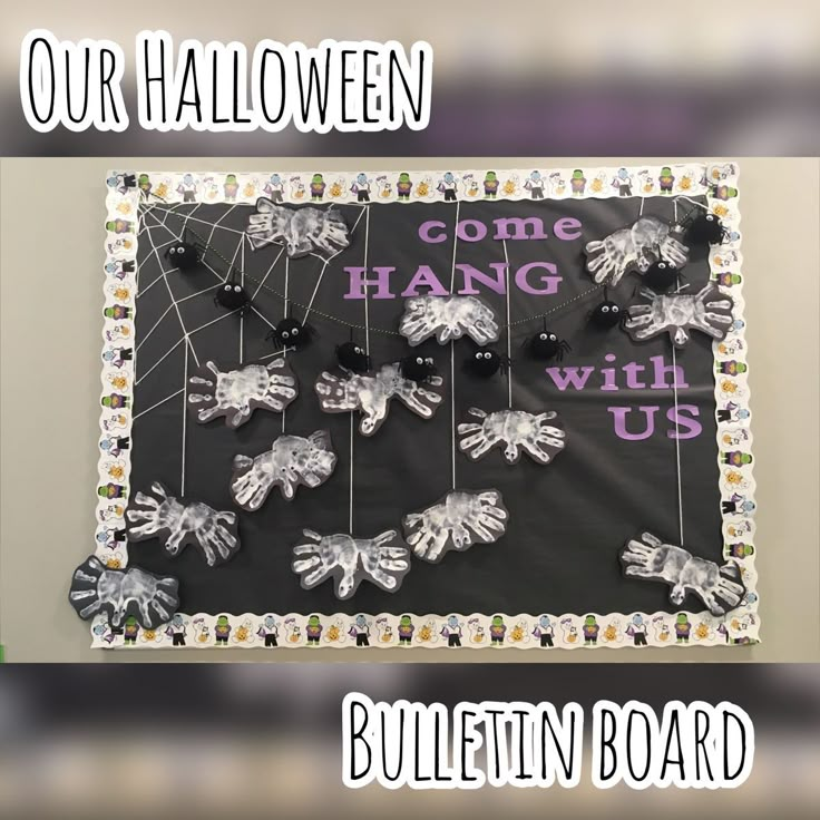 the bulletin board is decorated with halloween decorations