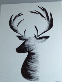 a black and white drawing of a deer's head with large antlers on it