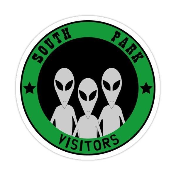 an alien sticker with the words south park visitors in green and black on it