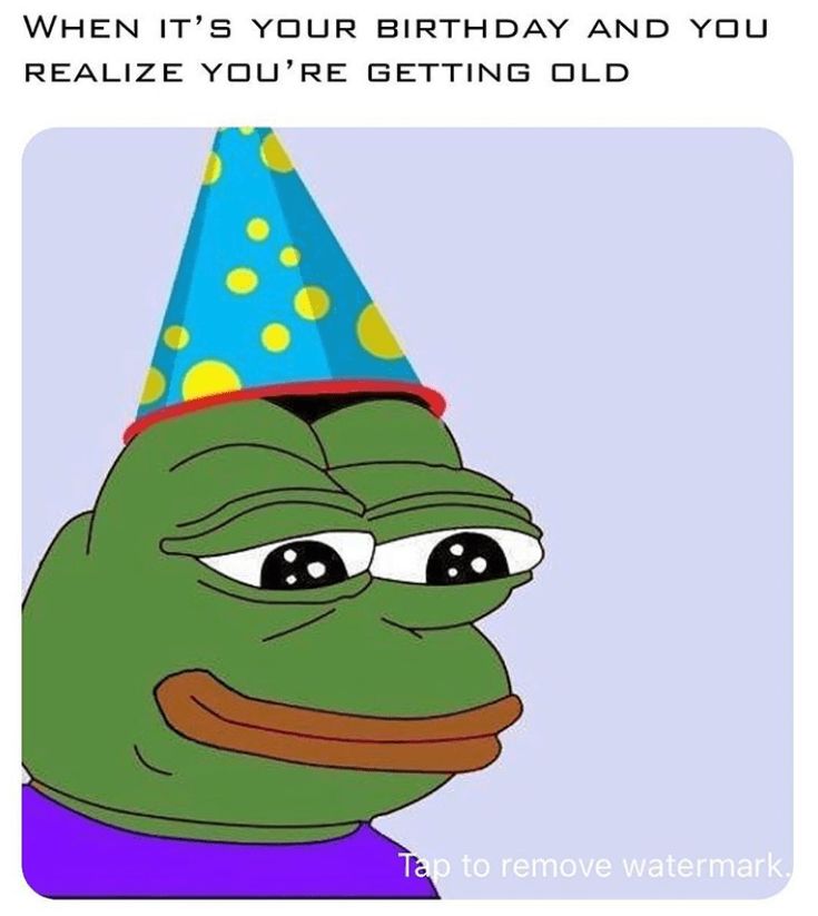 a cartoon frog wearing a party hat with the caption when it's your birthday and you relize you're getting old