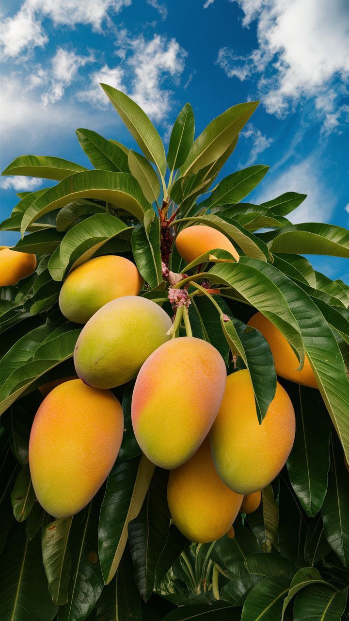 a bunch of mangoes hanging from a tree with blue sky and clouds in the background