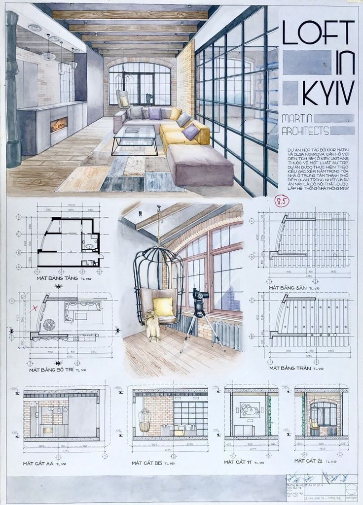 a drawing of a living room with lots of windows