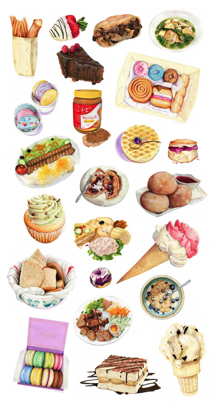 a bunch of different types of food are shown in this image, including donuts and desserts