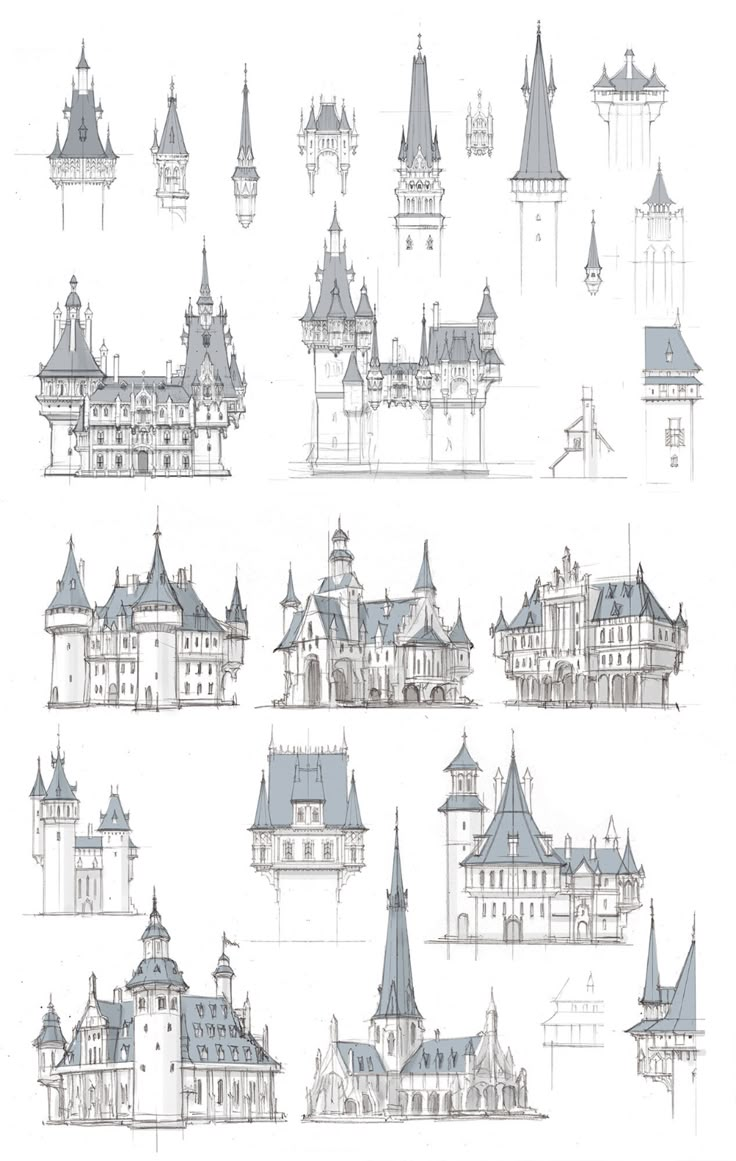 architectural drawings of castle like buildings and towers