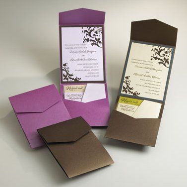 three different types of wedding cards and envelopes with the same color paper on them