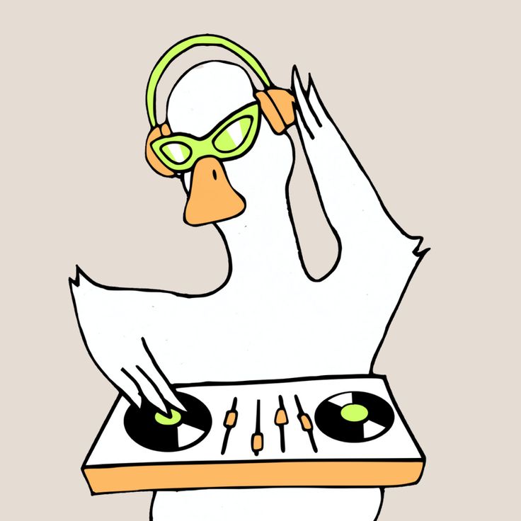 a drawing of a duck wearing headphones and mixing music