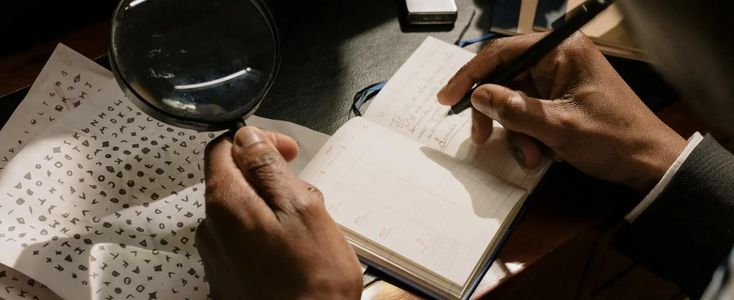 a person is holding a magnifying glass and writing on a book with dotted paper