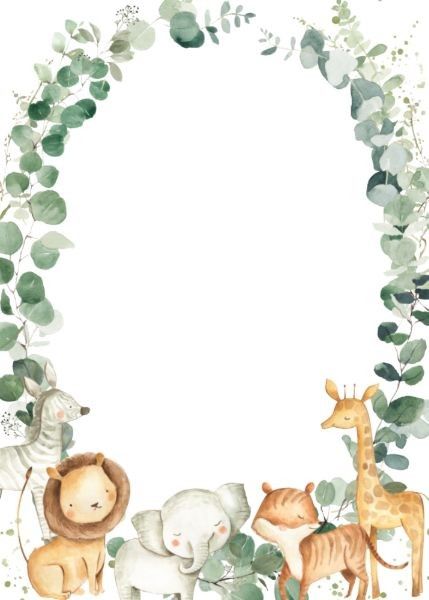 a watercolor drawing of animals and plants in the shape of a circle on a white background