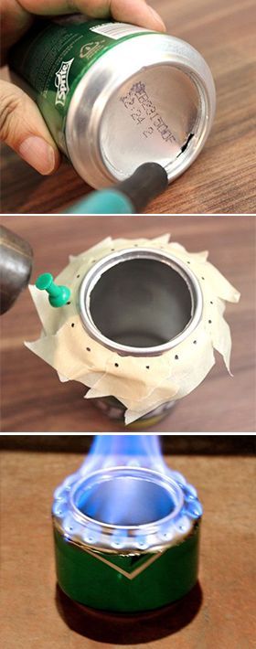 there are three pictures showing how to make a fire pit out of an old can