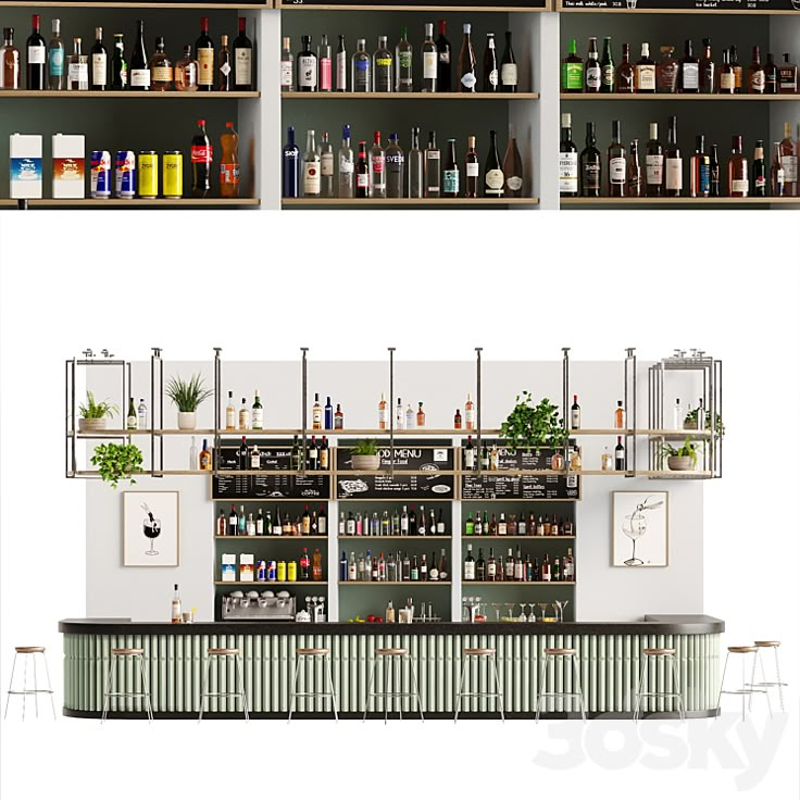 the bar is full of liquor bottles and shelves with plants on them, along with several stools