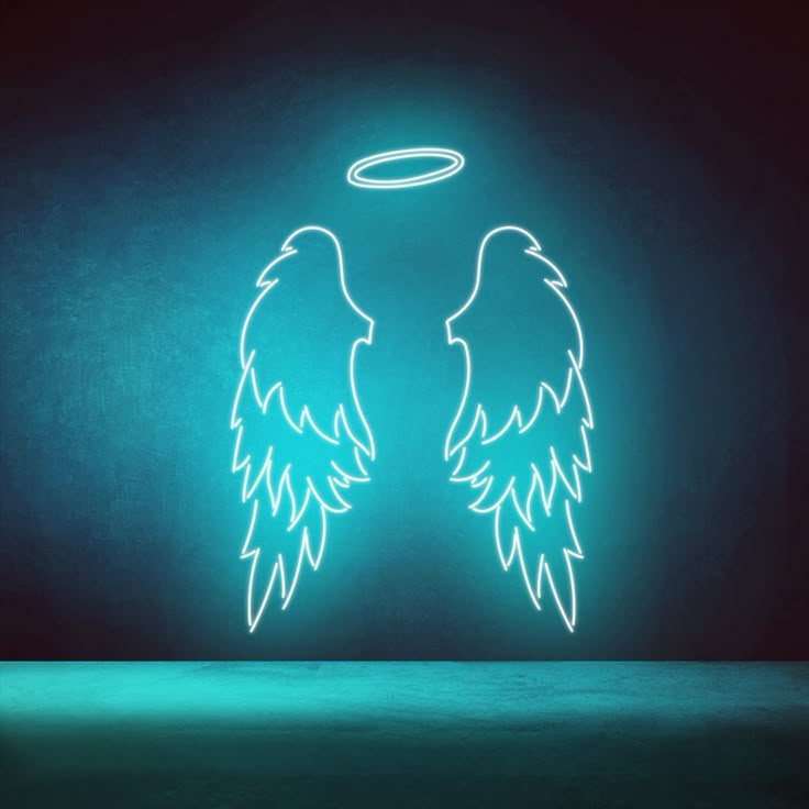 neon angel wings against a dark blue background with an angel halo in the center,