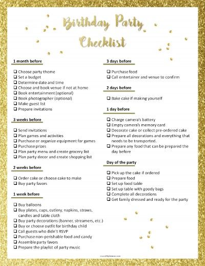 a birthday party checklist with gold confetti