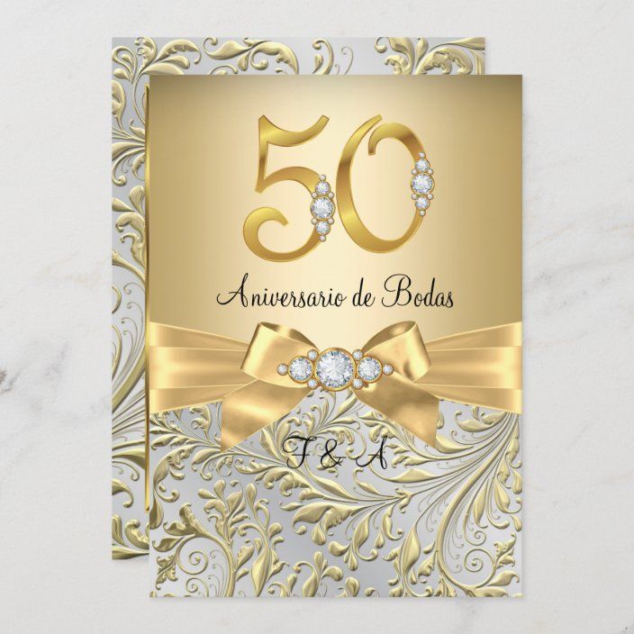 50th wedding anniversary card with gold bow and diamonds