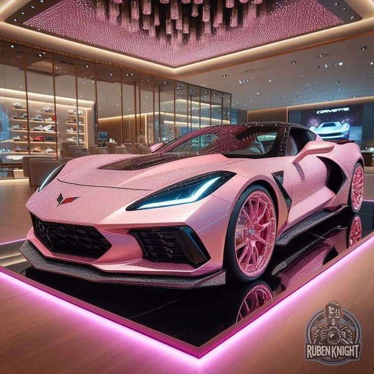 a pink sports car is on display in a showroom with lights and chandeliers