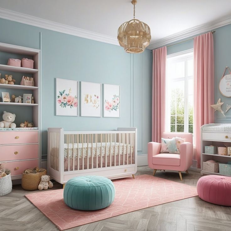 a baby's room with pink, blue and white decor on the walls in pastel colors