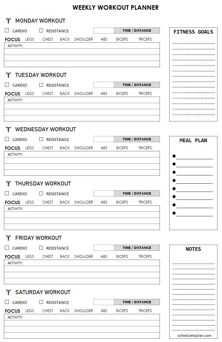 the printable workout planner is shown in black and white