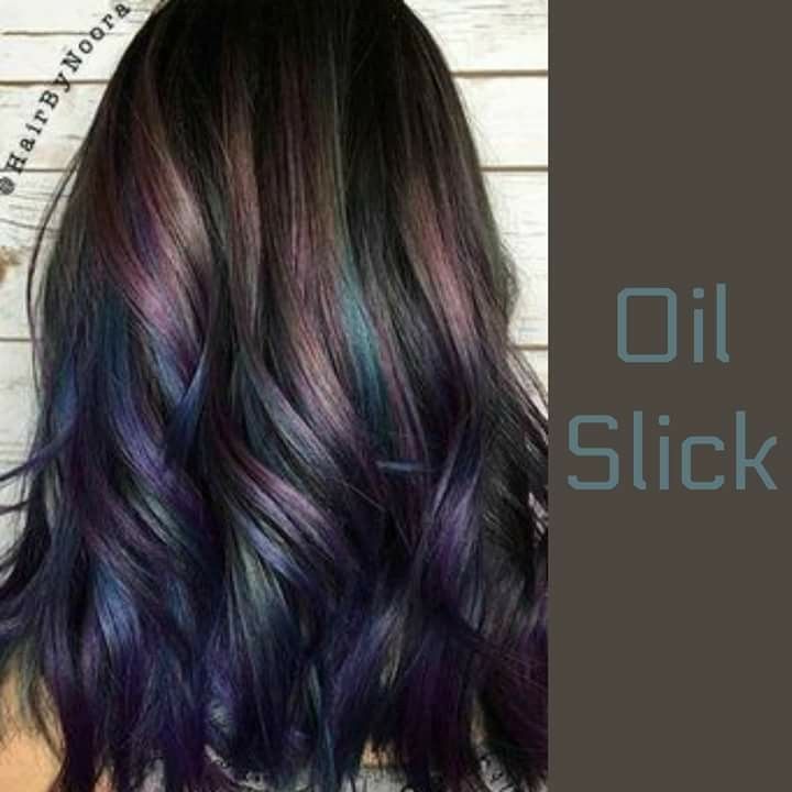 Nebula Hair Color, Dark Brown Rainbow Hair, Hair Color Ideas For Brunettes Without Bleach, Oil Slick Highlights, Rainbow Highlights In Brown Hair, Subtle Oil Slick Hair, Oil Slick Hair Color Brunettes, Holographic Hair Dark, Hair Colour Without Bleach