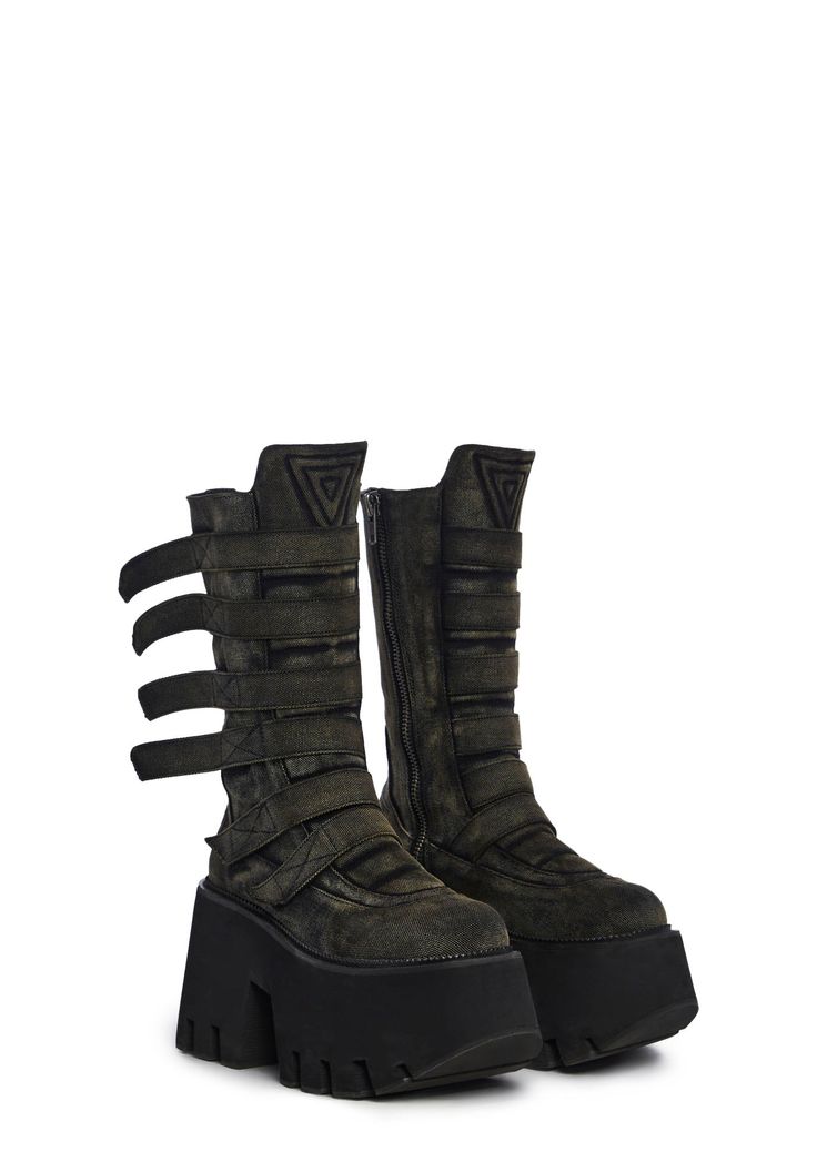 Darker Wavs Washed Charcoal Platform Velcro Zip Boots - Gray High-top Moto Boots With Buckle Closure For Streetwear, Streetwear Boots With Buckle Closure And Round Toe, Round Toe Boots With Buckle For Streetwear, Casual High-top Moto Boots For Concerts, Casual Moto Boots For Concerts, Casual High-top Moto Boots With Buckle Closure, New Rock Boots, Goth Shoes, Fashion Reference