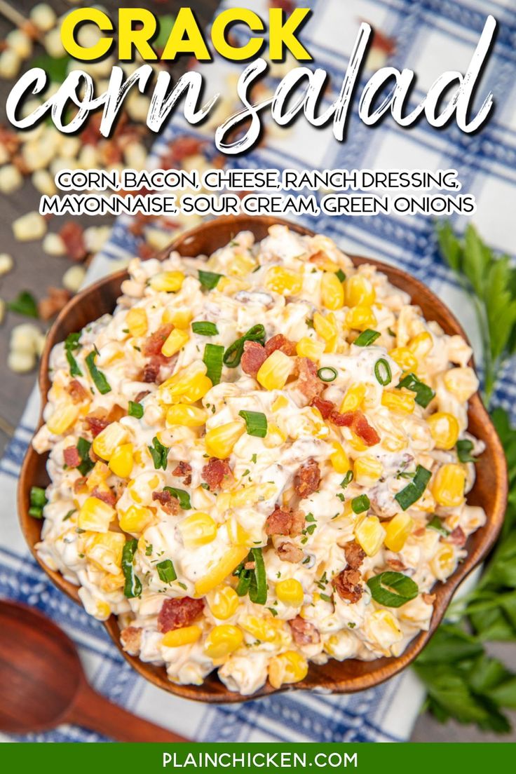 a bowl filled with corn salad on top of a blue and white checkered table cloth