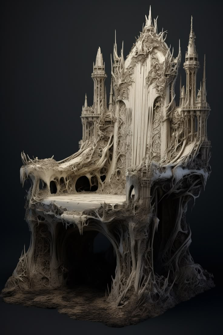 an intricately carved chair sits in front of a black background