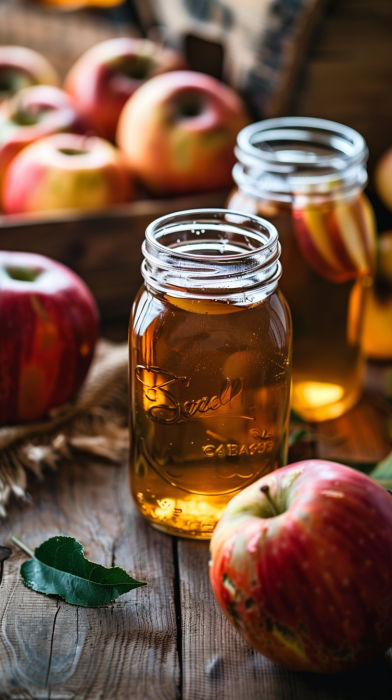 jars filled with apple cider sitting on top of a wooden table