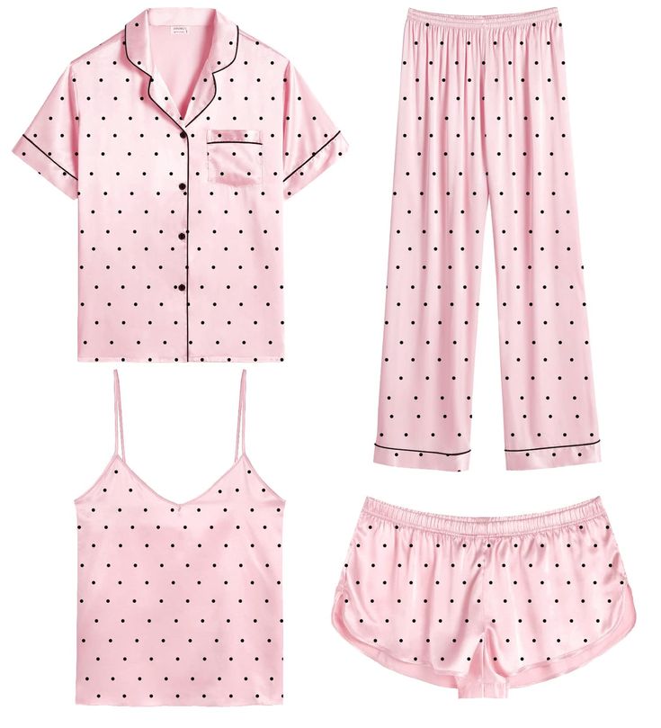 PRICES MAY VARY. 【Premium Material】--- This 4 piece pajama set is made of high-quality satin(95% Polyester, 5% Spandex), which is very soft, lightweight, and comfortable. This lightweight pajama set has a silky texture that will make you feel smooth and shiny, never pilling or fading, and help you sleep well, dreamlike. 【4Pcs Pajama Set】--- Women 4 pcs pjs sets include spaghetti strap cami top, a button-down short sleeve sleepshirt, a pair of shorts, a pair of long pants. This four-piece sets fo Amazon Silk Pajamas, Pink Satin Pajama Set, Pajama Set Amazon, Cute Pink Pjs, Pajama Set Aesthetic, Girly Pjs, Pajamas Preppy, Girly Pajamas, Christmas Gift Ideas Women