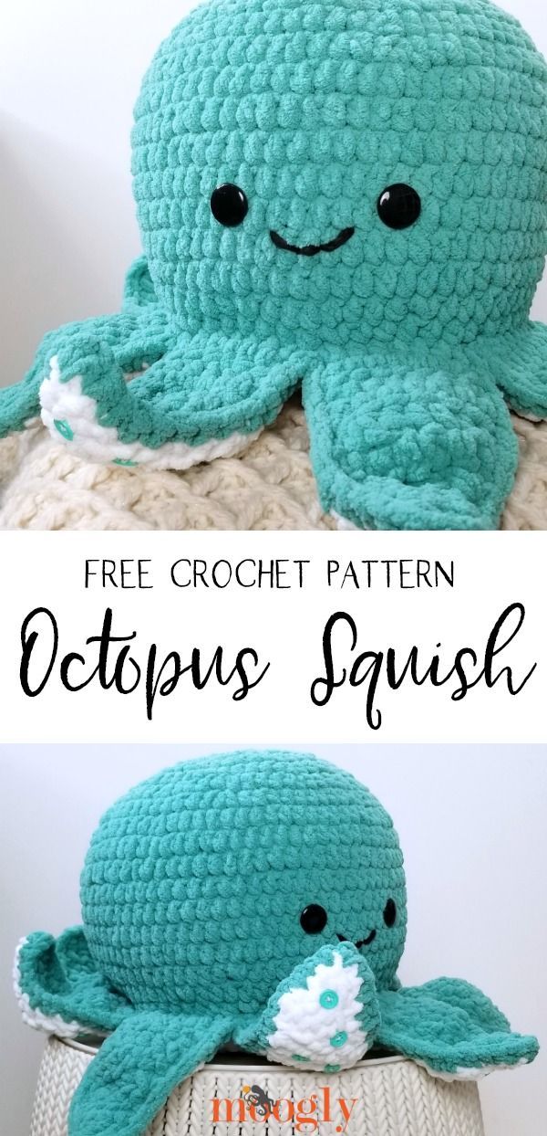 an octopus stuffed animal sitting on top of a white pillow with the caption free crochet pattern octopus squish