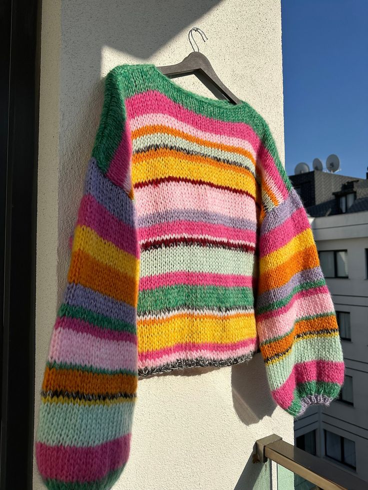 Knit Stripe Sweater, Chunky Knit Sweater Colorful, Multi Colored Crochet Sweater, Rainbow Knit Sweater, Casual Multicolor Knitting Pattern For Fall, Fall Multicolor Knitting Pattern, Hand Knitted Multicolor Tops For Fall, Multicolor Chunky Knit Long Sleeve Knitting Pattern, Multicolor Long Sleeve Chunky Knit Pattern