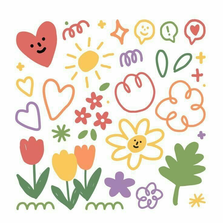 an assortment of flowers and hearts on a white background