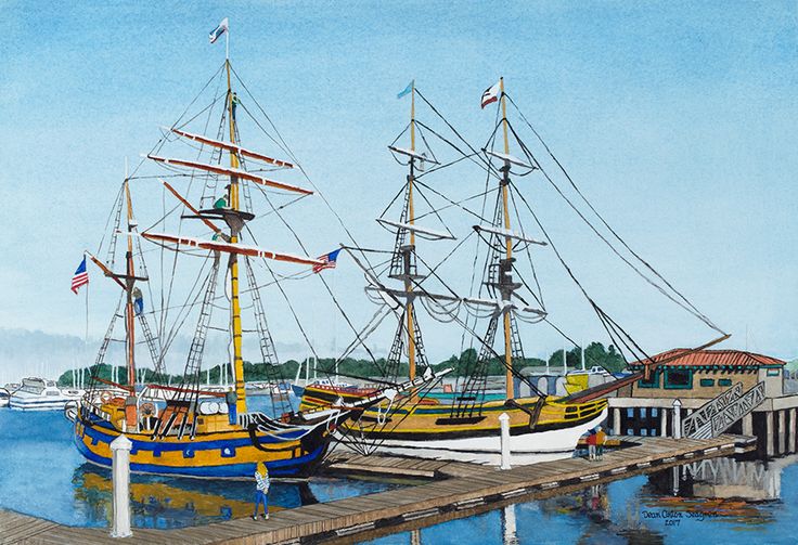 a painting of two boats docked at a pier