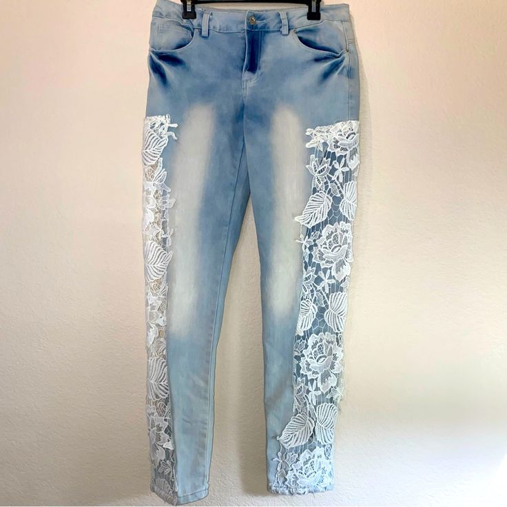 I Love Them These But My Fianc Is Embarrassed With Me Wearing!!! Wore Once Lace Jeans, Jeans Color, Colored Jeans, Blue White, Women Jeans, Color Blue, Blue And White, Lace, Customer Support