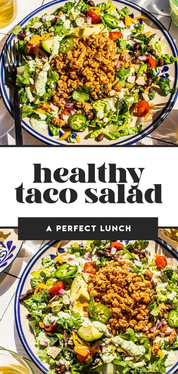 healthy taco salad on a white and blue plate with the title overlay reads, healthy taco salad a perfect lunch