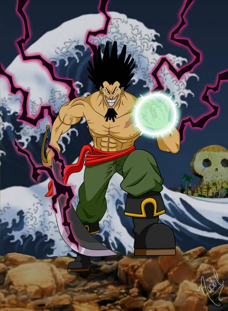 a cartoon character holding a green ball in his hand and standing on rocks with a wave behind him