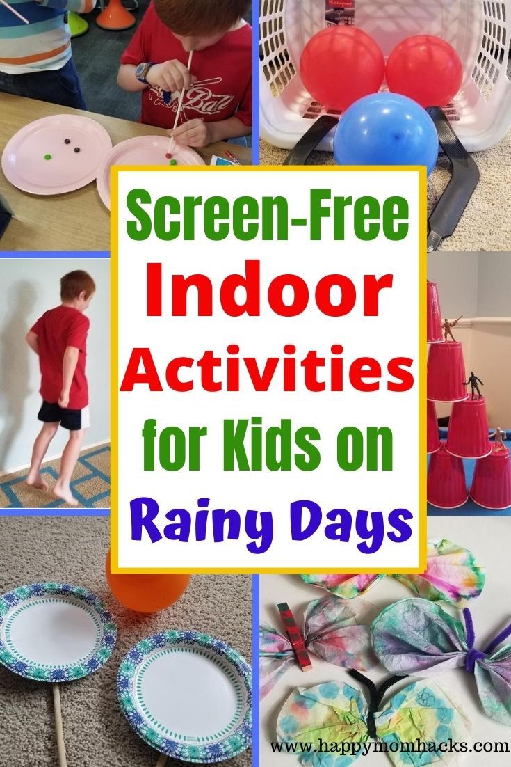 there is a collage of pictures with the words screen - free indoor activities for kids on rainy days