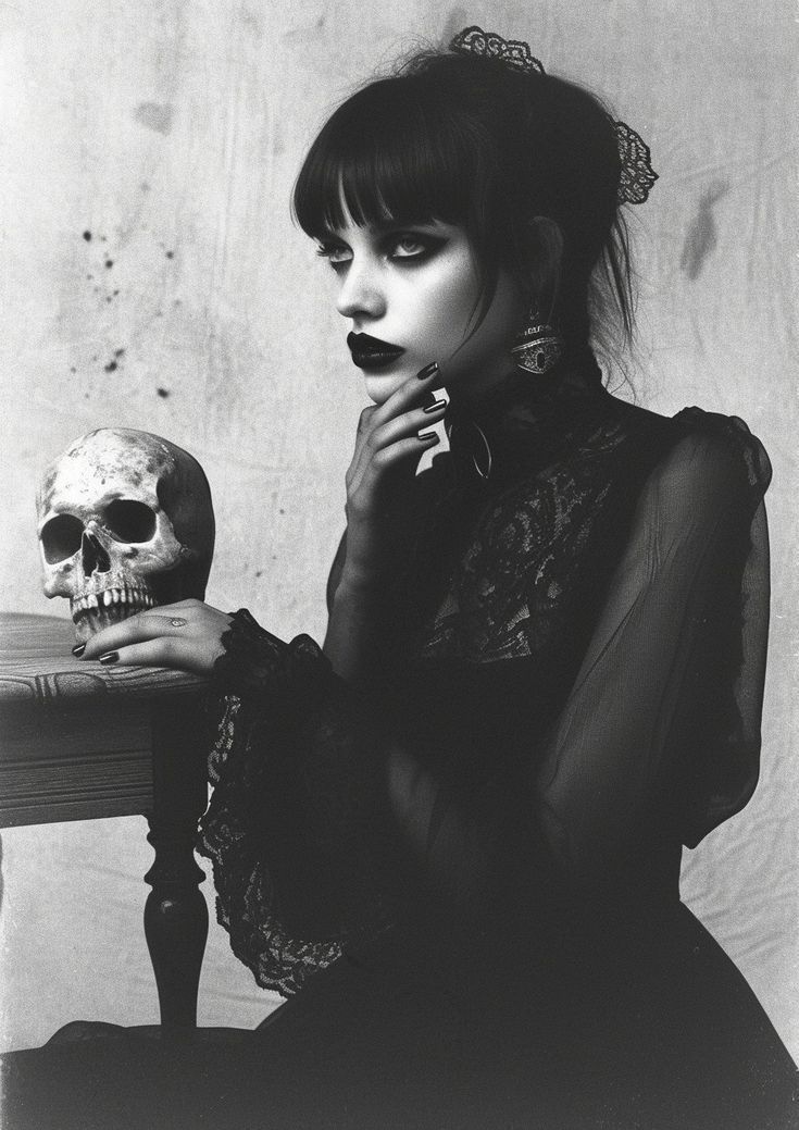 black and white photograph of a woman holding a skull in front of her face while sitting at a table