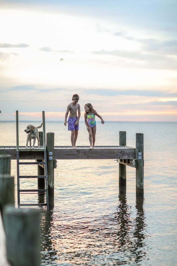 two people and a dog are standing on a dock