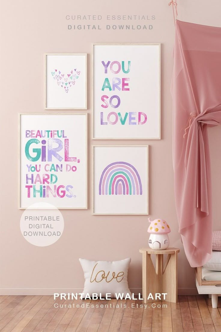 a pink room with pictures on the wall and a canopy over it that says you are so loved printable wall art