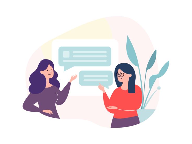 two women talking to each other with speech bubbles above them