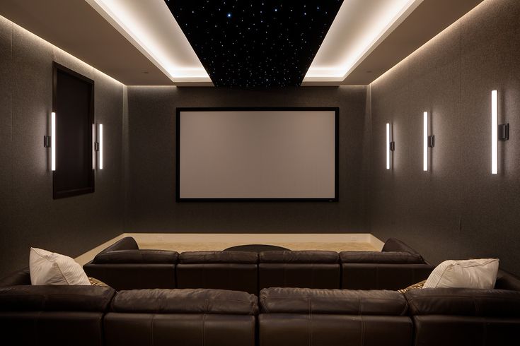 a home theater with brown leather couches and a large screen on the wall above it