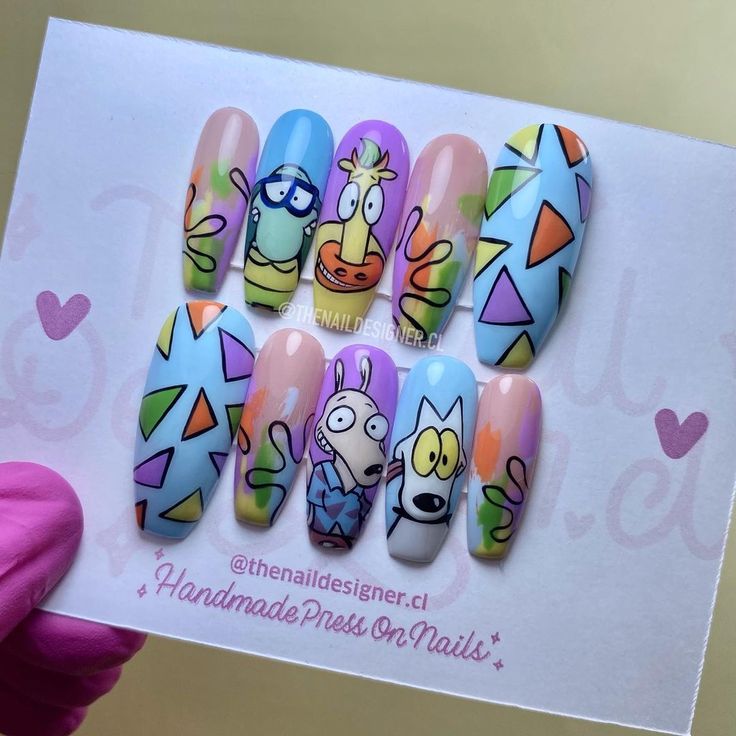 Nostalgia Nails, Pikachu Nails, Cartoon Nail Designs, Cartoon Nail Art, 90s Nails, S And S Nails, Nail Tutorial Videos, Rocko's Modern Life, Dope Nail Designs